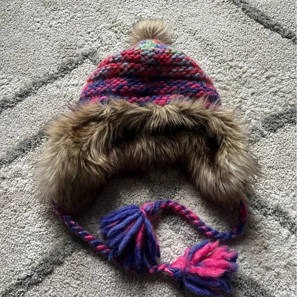 Accessories - Aerie Wool Alpaca Knit Fur Pink purple  Trapper Winter Hat Pom Pom